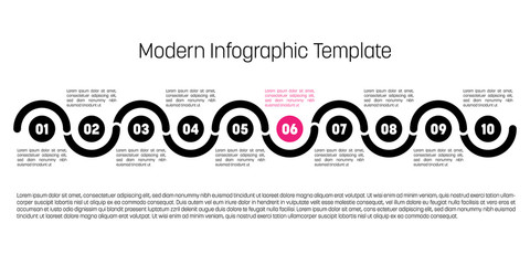 Canvas Print - 10 step process modern infographic diagram. Graph template of circles and waves. Business concept of 10 steps or options. Modern design vector element in black with pink highlighted step.