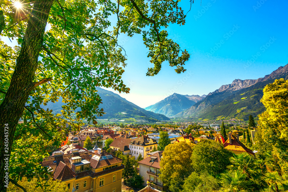 Merano or Meran view from Tappeiner promenade. Trentino Alto Adige Sud Tyrol, Italy. - obrazy, fototapety, plakaty 