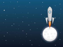 A Rocket From The Moon In Cartoon Style. Spaceship - Spacecraft, Moon And Stars. Vector Illustration.