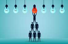 Business Teamwork Concept. Businessmen Standing On Each Other Lifting The Red Light Bulb Upwards. Harmonious. Creative Idea. On Background Blue. Illustration Cartoon Vector