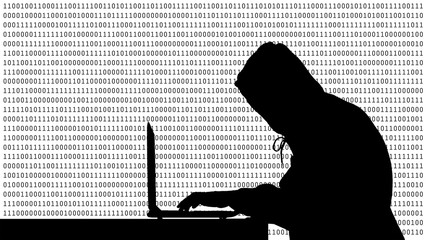 Fototapete - Hacker typing on a laptop with 01 or binary numbers on the computer screen on monitor background matrix, Digital data code in security technology concept. Human shape abstract illustration