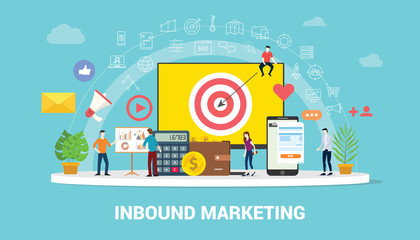Poster - inbound marketing concept strategy team working together with big screen goals and graph chart and icon spread - vector