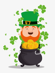 st patrick elf wearing hat with cauldron and coins