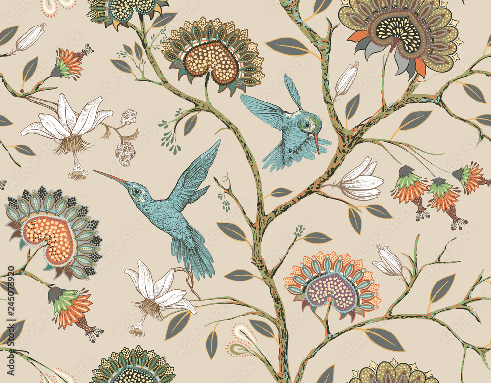 Vector seamless pattern with stylized flowers and birds. Blossom garden with hummingbirds and plants. Light floral wallpaper. Design for fabric, textile, wallpaper, cover, wrapping paper. - obrazy, fototapety, plakaty 