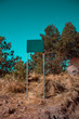 © Getzemani - Letrero, Señal, cartel, Anuncio, Espectacular, Señalamiento entre los arboles y los pastizales en un paisaje a la luz del día y desértico entre el camino de carretera, rocas y tonos rojizos