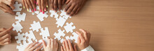 Above Top Panorama Copyspace For Text Diverse Hands People Assemble Jigsaw Puzzle Put Pieces Together Search Common Decision. Support Teamwork Concept Horizontal Photo Banner For Website Header Design