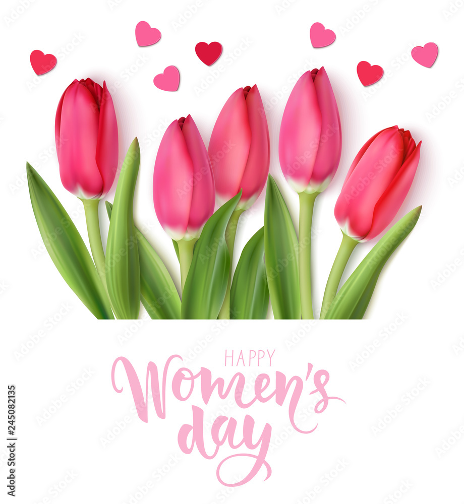 International Womens Day design template. 8 march background with beautiful spring pink tulip and heart confetti isolated on white. Holiday decoration. Vector illustration - obrazy, fototapety, plakaty 