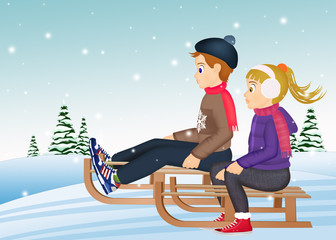 Sticker - children on sleigh in winter