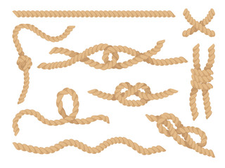 Wall Mural - Rope knots set, jute or hemp twisted cords vector Illustration