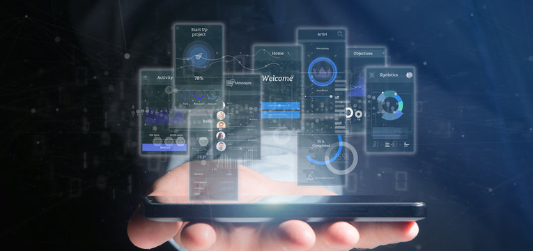 Businessman holding User interface screens with icon, stats and data 3d rendering