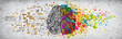 Leinwandbild Motiv Left right human brain concept, textured illustration. Creative left and right part of human brain, emotial and logic parts concept with social and business doodle illustration of left side, and art