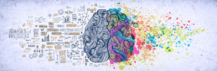 Wall Mural - Left right human brain concept, textured illustration. Creative left and right part of human brain, emotial and logic parts concept with social and business doodle illustration of left side, and art