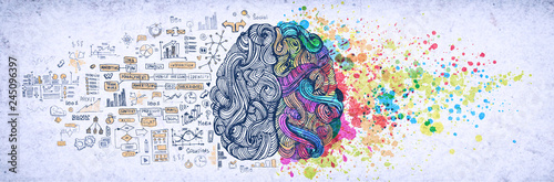 Left right human brain concept, textured illustration. Creative left and righ...