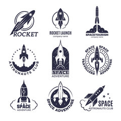 Wall Mural - space logotypes. rockets and flight shuttle moon discovery business retro badges vector monochrome p