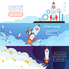 Wall Mural - startup banners. new idea or creative business launch rocket ship or shuttle symbol of first project