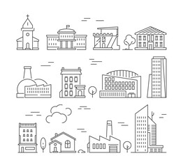 Wall Mural - town buildings icon. urban architecture village houses factory living rooms exterior walls vector li