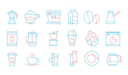 Poster - Coffee cup icons. Hot drinks tea and coffee espresso cup and mug pot cake food vector linear symbols. Illustration of coffee and tea mug, drink cup mocha linear