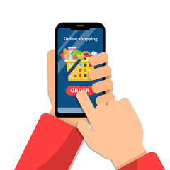 Sticker - Grocery basket online. Hands holding smartphone and make order app commerce food market vector concept. App smartphone online order illustration