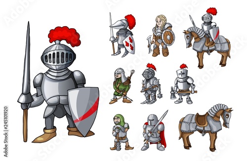 Cuadros en Lienzo Set of medieval knight characters standing in different poses isolated on white