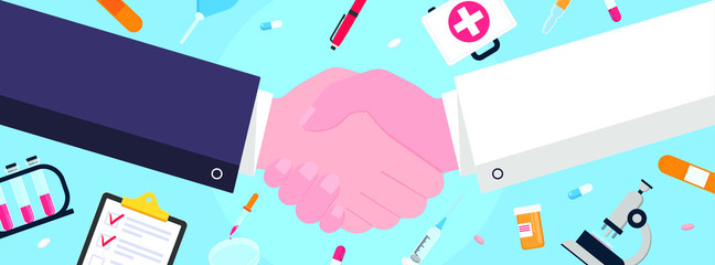 Doctor and man shaking hands flat style design vector illustration with abstract rays. Success deal, greeting, handshaking agreement isolated on background from medical and science equipment.