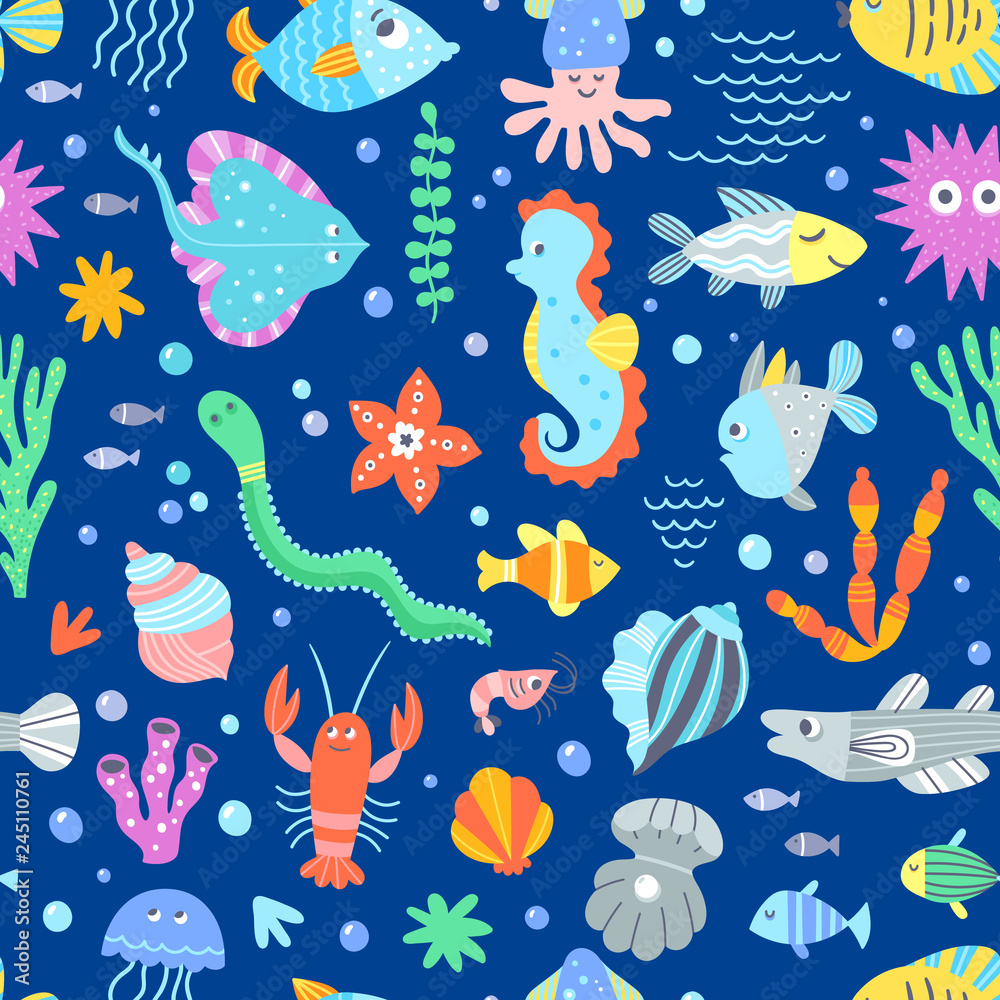 Underwater wildlife sea pattern. Seamless vector pattern with different  fishes, sea and ocean animals. Cute vector background for children Stock  Vector | Adobe Stock, image size:1000x1000