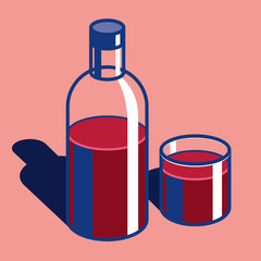 Wall Mural - bottle of wine and glass with flat style. transparent glass object on color background. simple volum