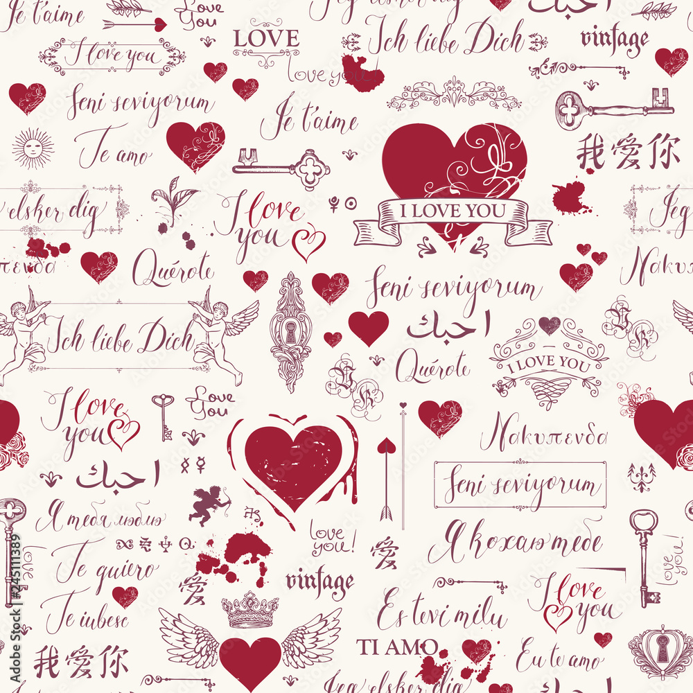 Vector seamless background with red hearts, keys, keyholes, cupids and love theme letterings. Abstract background in retro style with hand written declarations of love in different languages. - obrazy, fototapety, plakaty 