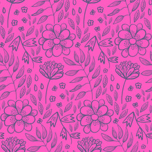 Bright Pink Floral Seamless Pattern With Dark Blue Flowers And Leaves. Lovely Magenta Floral Texture With Blossoms And Herbs For Women Textile, Wrapping Paper, Surface Design, Wallpaper