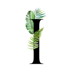 Floral Tropical Alphabet - black letter I with leaves bouquet composition. Unique collection for wedding invites decoration and many other concept ideas.