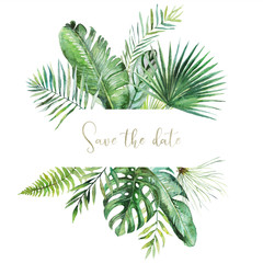 tropical exotic watercolor floral illustration - leaf border / header / frame for wedding stationary