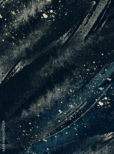Jalousie-Rollo - Gold and navy watercolor texture design. Milky way, starry night, galaxy, space, sky with stars. Brush stroke background pattern. Shimmering modern art. Illustration. (von Veris Studio)