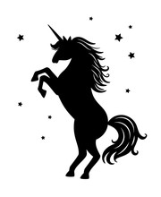 Unicorn Black Silhouette Isolated On White Background. Vector Silhouette Background Animal Mythology Illustration