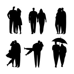 Wall Mural - Collection of black silhouettes of couples in love. Guy and girl hug and kiss. Vector illustration