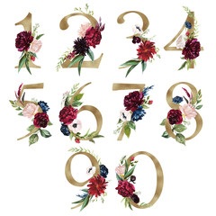 Floral Number Set - digits 1, 2, 3, 4, 5, 6, 7, 8, 9, 0 with flowers bouquet composition and delicate gold texture. Unique collection for wedding invites decoration & other concept ideas.