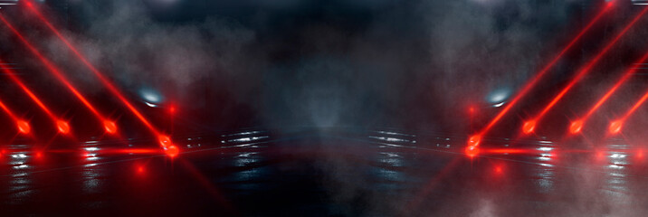 Background wall with neon lines and rays. Background of an empty dark corridor, parking, airport with neon light. Abstract background with lines and glow. Wet asphalt, the reflection of neon lights in