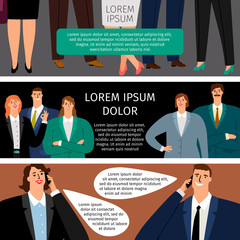 Poster - Business man and woman speak, set of banners. Vector business people talk and communication illustration