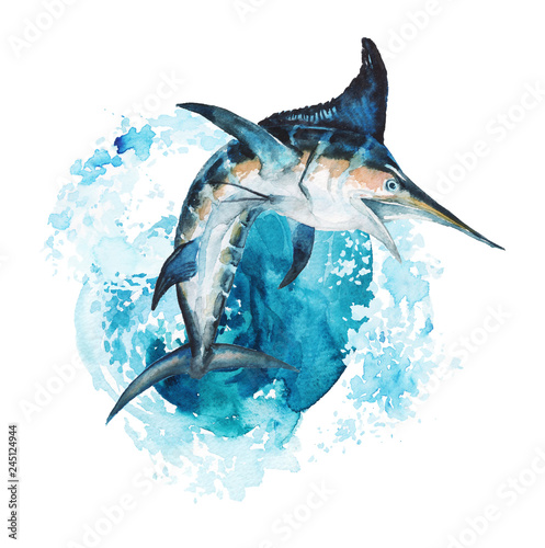 Fotomural Watercolor hand-drawn marlin illustration - jumping up from the foamy ocean wave, playful, happy