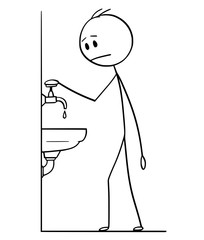 Wall Mural - Cartoon stick drawing conceptual illustration of man with hand on old or retro faucet or tap with water dripping in lavatory. Water saving or shortage concept.