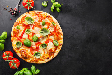 Wall Mural - Tasty vegetarian pizza on dark background