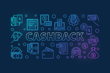 Poster - Cashback outline vector colored horizontal illustration. Cash-back creative linear banner on dark background
