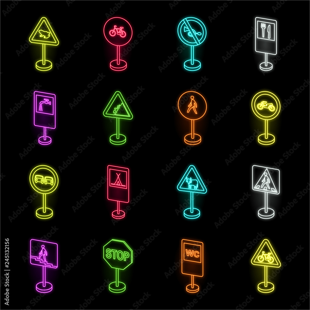 Different types of road signs neon icons in set collection for design ...