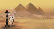 Hookah, Egyptian Pyramids, Desert Landscape, Sand. Gods Of Egypt, Anubis And Bastet, Egyptian Cat. East Hookah On The Background Of The Desert, Sand, The Old Town And The Sandstorm. 