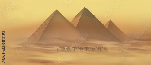  Fototapeta Egipt   pustynny-krajobraz-z-piramidami-burza-piaskowa-karawana-wielbladow