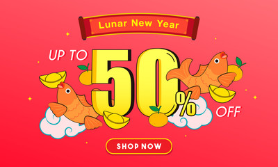 Wall Mural - Chinese Lunar New Year Sale Vector illustration. 50% discount with fish decoration and gold ingot ornaments.