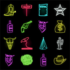 Attributes of the wild west neon icons in set collection for design.Texas and America vector symbol stock web illustration.