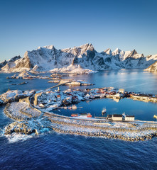 Wall Mural - aerial view at the lofoten islands, norway. mountains and sea during sunset. natural landscape from 