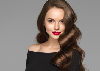 beautiful hair woman long brunette hairstyle female healthy skin beauty makeup cosmetic concept