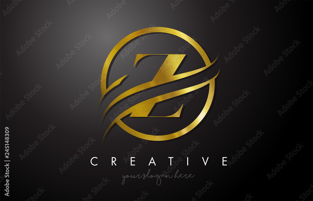 Z Golden Letter Logo Design with Circle Swoosh and Gold Metal Texture - obrazy, fototapety, plakaty 