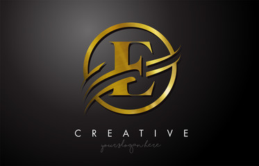 E Golden Letter Logo Design with Circle Swoosh and Gold Metal Texture