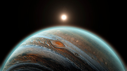 jupiter planet in space, close up shot. universe, solar system's giant, beautiful planet with shadow